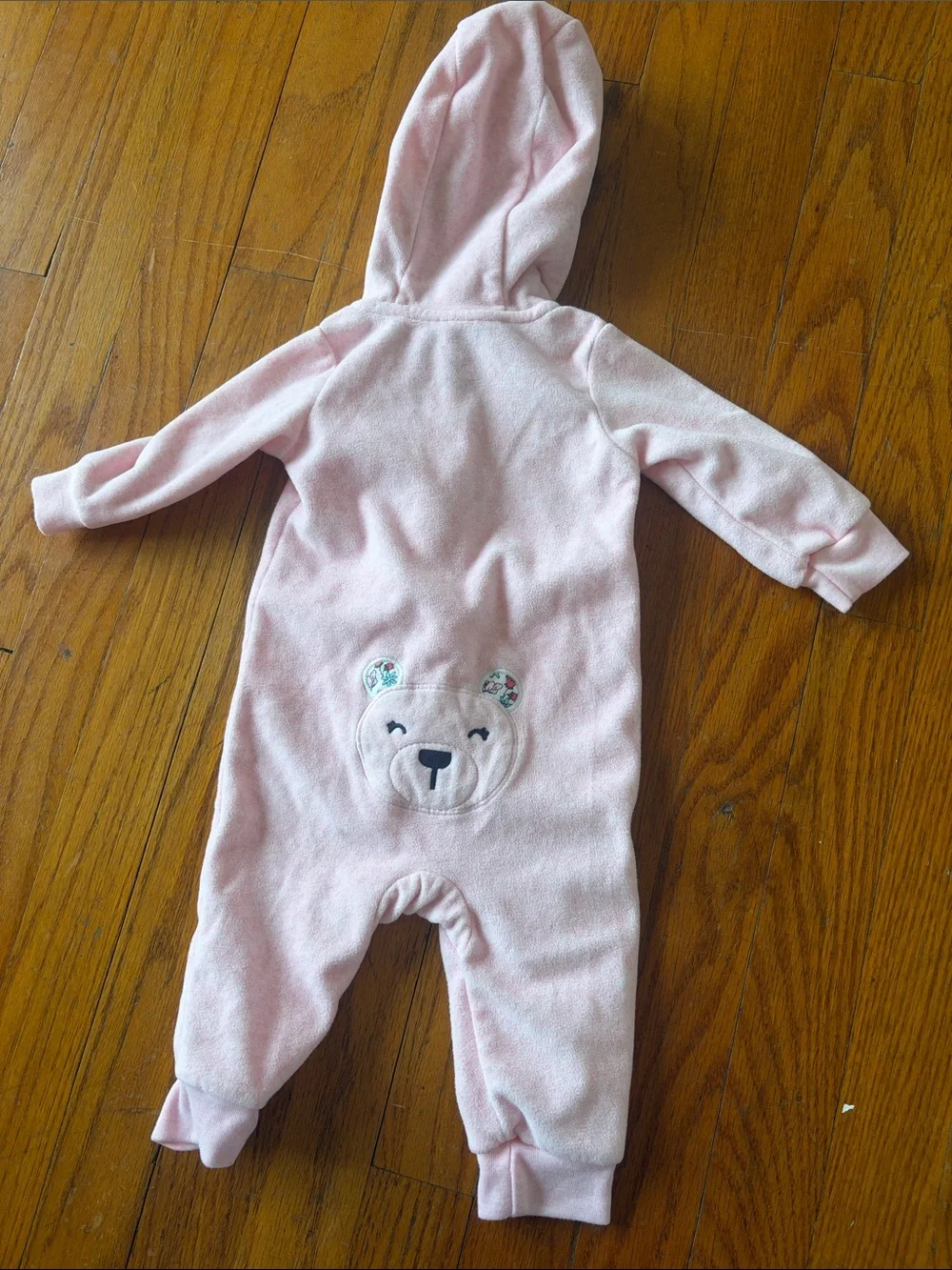 Carter's Baby Girl Pink Fleece Hooded Romper One Piece Cozy Outfit Bear Detail